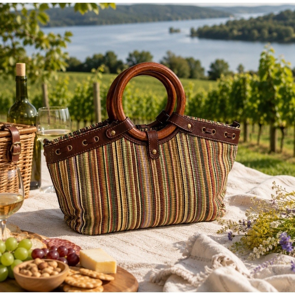 Vintage Fossil Woven Striped Tote Bag Wooden Ring Handles Brown Leather Boho